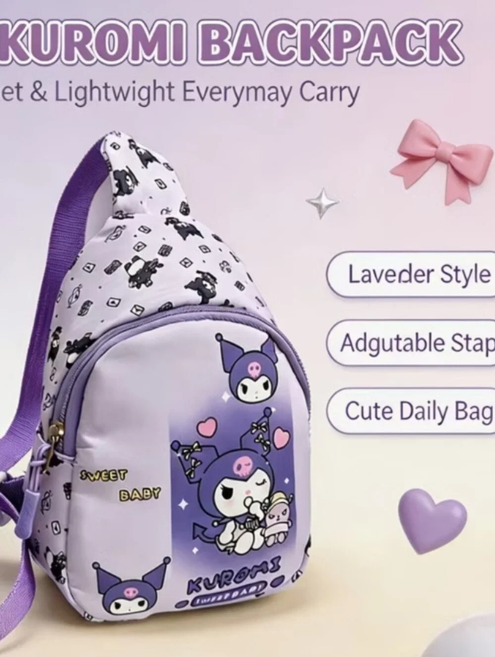 Kids Hello Kitty Kuromi Lavender Mini Backpack Sling Bag Crossbody Bag